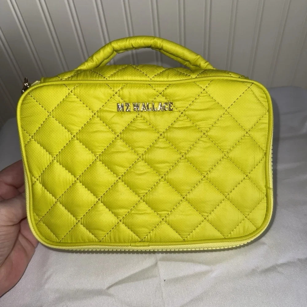 MZ WALLACE Zip Round Organizer Quilted Nylon Pouch Makeup Bag Travel Lime Green